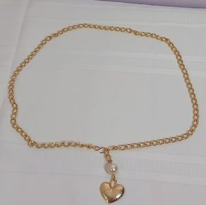 Women's Gold Tone Chain Metal Belt with Faux Pearl and Heart Charm